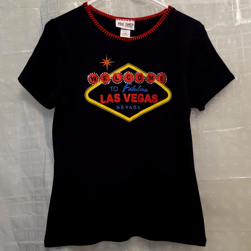 BLACK LAS VEGAS FANCY T-SHIRT WITH RHINESTONES - EUC